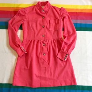 Vintage Pink Button Long Sleeve Mod Dress